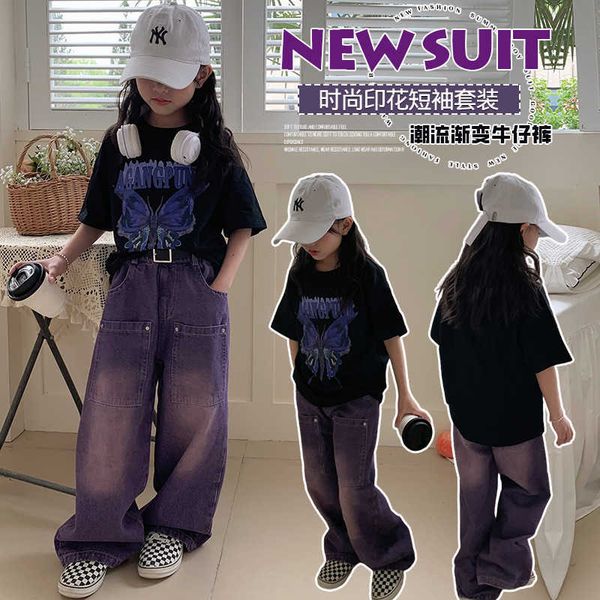 girls' mid to big boys' set summer new casual fashion butterfly short sleeve american denim wide leg pants, White;black
girls' mid to big boys' set summer new casual fashion butterfly short sleeve american denim wide leg pants, White;black