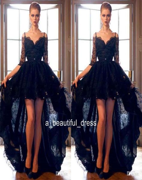 short front long back black lace high low prom dresses with sequins mid sleeves spaghetti straps evening party formal gowns ed12968617319, Black;red
short front long back black lace high low prom dresses with sequins mid sleeves spaghetti straps evening party formal gowns ed12968617319, Black;red