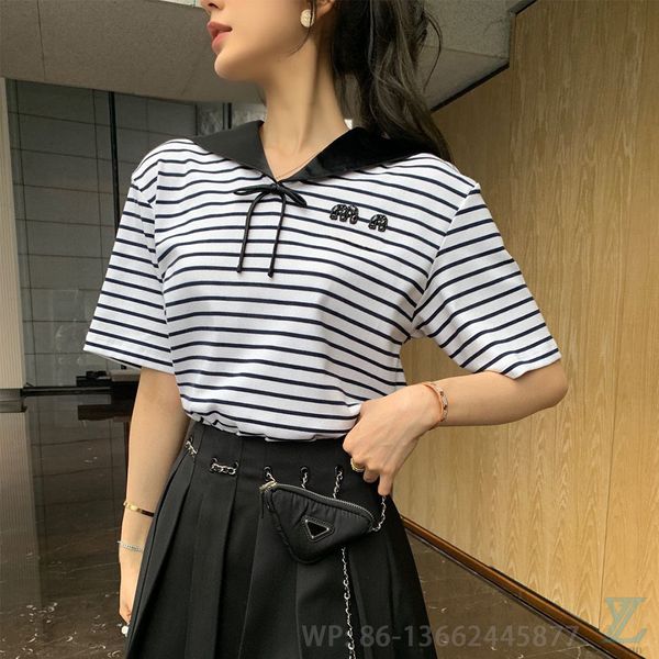 2023 summer beaded stripe navy neck short sleeve t-shirt with reduced age and versatile fit fashion, Black
2023 summer beaded stripe navy neck short sleeve t-shirt with reduced age and versatile fit fashion, Black
