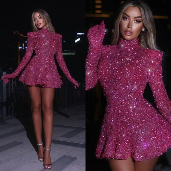rosy pink glitter cocktail dress long sleeves high neck short prom dresses mini party homecoming special occasion dress, Black
rosy pink glitter cocktail dress long sleeves high neck short prom dresses mini party homecoming special occasion dress, Black