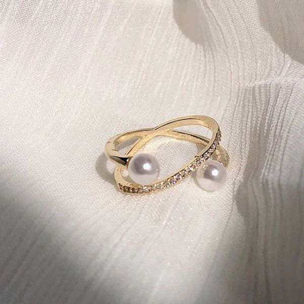 band rings fashion exquisite sparkling zircon spiral design rings for women imitation pearl open elegant temperament accessories jewelry aa2, Silver