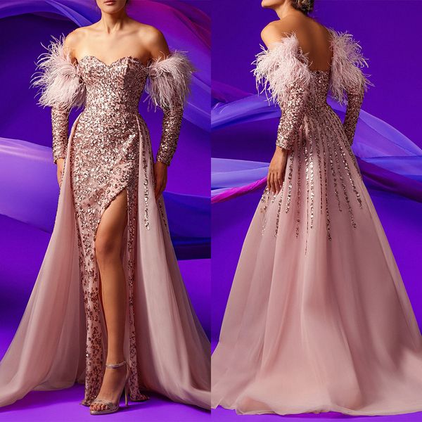 glamorous mermaid prom dresses sweetheart off shoulder feathers shining applicants backless side split gown custom made plus size party dres, Black
glamorous mermaid prom dresses sweetheart off shoulder feathers shining applicants backless side split gown custom made plus size party dres, Black