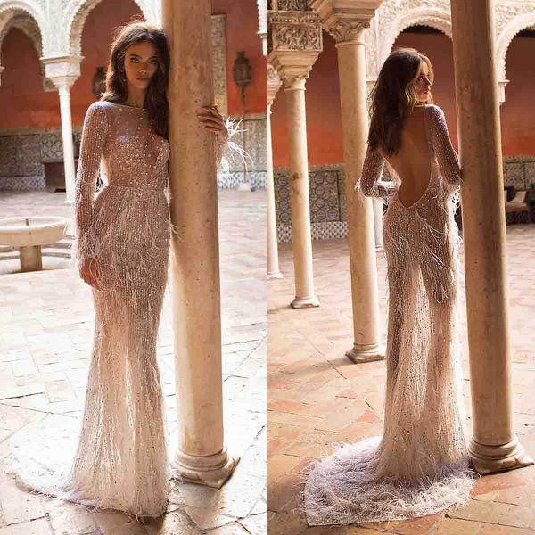 glamorous mermaid wedding dresses jewel long sleeves stripe sequins applicants feathers backless court gown custom made plus size bridal gow, White
glamorous mermaid wedding dresses jewel long sleeves stripe sequins applicants feathers backless court gown custom made plus size bridal gow, White