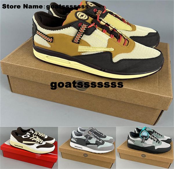 Image of Sneakers Max Mens AirMax1 Travis Scottes Cactus Jack Shoes Size 12 Saturn Gold Us12 Casual Trainers 87 Us 12 Designer Eur 46 Wheat Lemon Drop Women Running 1 Air One