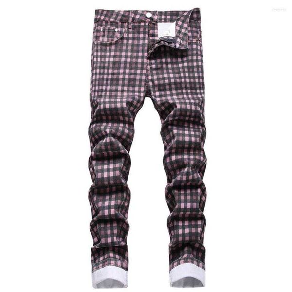men's jeans men check plaid digital print fashion tartan stretch denim pants slim purple trousers, Blue