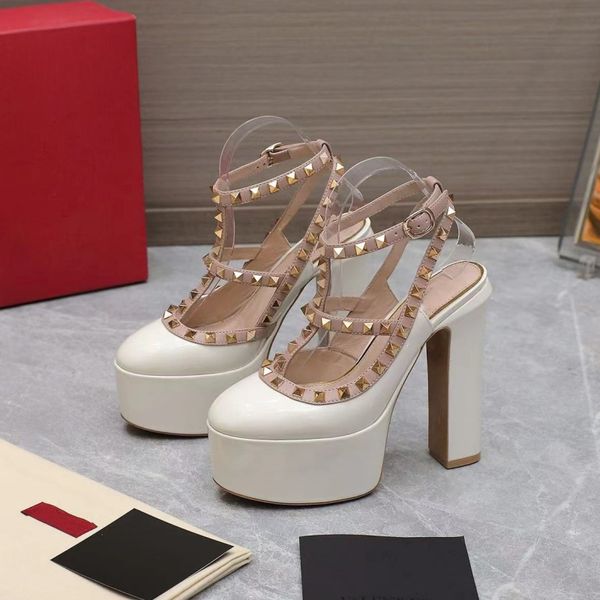 luxury designer women's thick bottoming round head high heel dress shoes classic triangle buckle riveted decorative ankle strap 15.5cm, Black
luxury designer women's thick bottoming round head high heel dress shoes classic triangle buckle riveted decorative ankle strap 15.5cm, Black