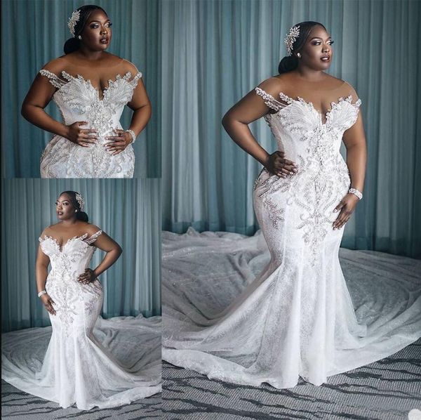 plus size wedding dress vestido de novia african crystal mermaid bride dresses with long train sheer neck custom made bridal gowns, White
plus size wedding dress vestido de novia african crystal mermaid bride dresses with long train sheer neck custom made bridal gowns, White
