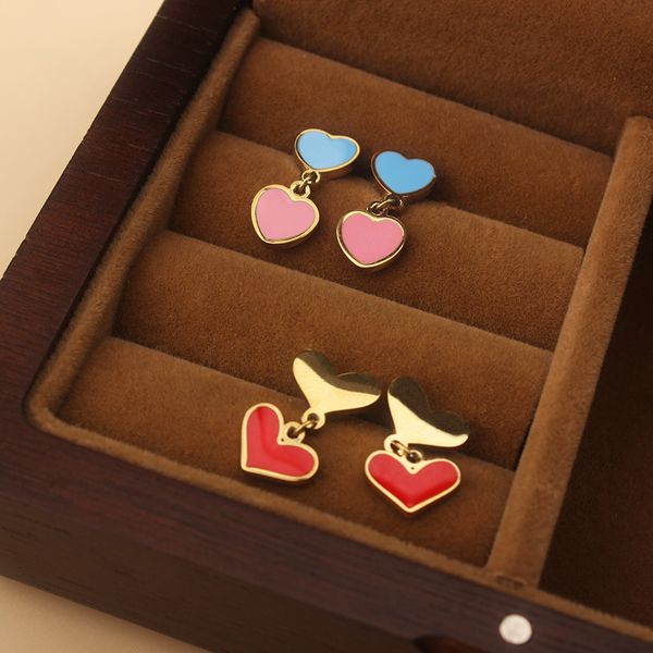 

New Fashion Pink Blue Enameled Heart Charm Earring 18K Gold Silver Plated Stainless Steel Earrings Women Party Jewelry