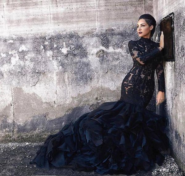black mermaid lace wedding dresses with long sleeves high neck ruffles skirt women non white bridal gowns with color couture custo9109216
black mermaid lace wedding dresses with long sleeves high neck ruffles skirt women non white bridal gowns with color couture custo9109216