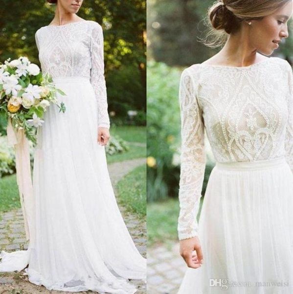 white simple bohemian country wedding dresses with long sleeves bateau neck a line lace applique chiffon boho bridal gowns 592195
white simple bohemian country wedding dresses with long sleeves bateau neck a line lace applique chiffon boho bridal gowns 592195