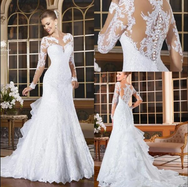 vintage long sleeves mermaid wedding dresses appliqued lace button tiered ruffles back bride gowns vestidos de novia robe de mariage, White
vintage long sleeves mermaid wedding dresses appliqued lace button tiered ruffles back bride gowns vestidos de novia robe de mariage, White