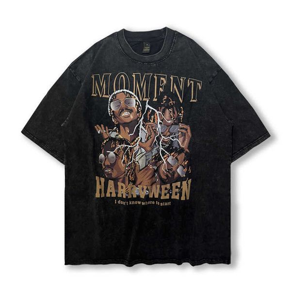 high street washed old hip hop rap print short t-shirt oversize loose half sleeve top, White;black 
high street washed old hip hop rap print short t-shirt oversize loose half sleeve top, White;black