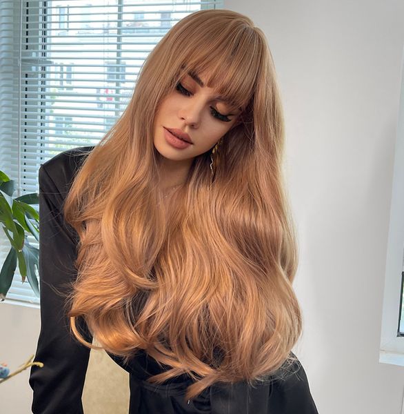 24 inch long brown wigs with bangs wave synthetic wigs for women with many styles to choose from and support customization, Black
24 inch long brown wigs with bangs wave synthetic wigs for women with many styles to choose from and support customization, Black
