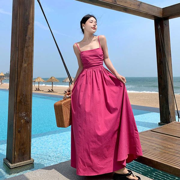 rose red strap dress children's summer 2023 new tea break french style waist slim beach holiday dress, Black;pink
