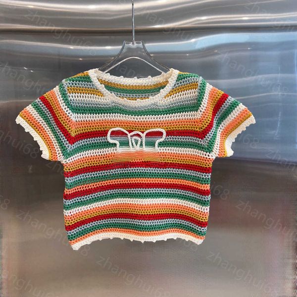 23ss womens designer clothing womens knits rainbow stripes against color hollowed out hook short sleeve sweater womens clothes, White
23ss womens designer clothing womens knits rainbow stripes against color hollowed out hook short sleeve sweater womens clothes, White
