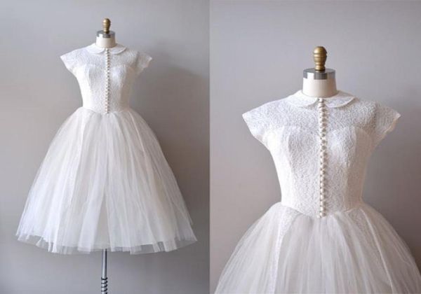 vintage reserved lace 1950s wedding dresses sheer peter pan collar cap sleeves covered buttons knee length ball gown tulle 500396142625, White
vintage reserved lace 1950s wedding dresses sheer peter pan collar cap sleeves covered buttons knee length ball gown tulle 500396142625, White