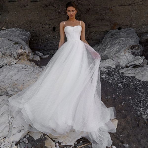 romantic spaghetti straps polka dots bridal dresses a line beach wedding gown backless tulle boho outdoor summer vestidos de novia, White
romantic spaghetti straps polka dots bridal dresses a line beach wedding gown backless tulle boho outdoor summer vestidos de novia, White