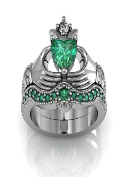 

eternal claddagh ring sets luxury 10kt white gold filled 1ct heart green sapphire women engagement wedding ring for women gift siz8679130, Slivery;golden