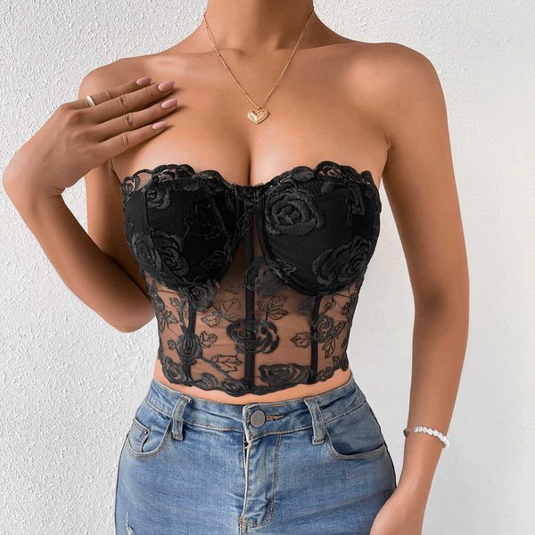 black spicy girl spliced 3d flower steel ring wrapped chest fish bone slim fit tank for women, White
black spicy girl spliced 3d flower steel ring wrapped chest fish bone slim fit tank for women, White