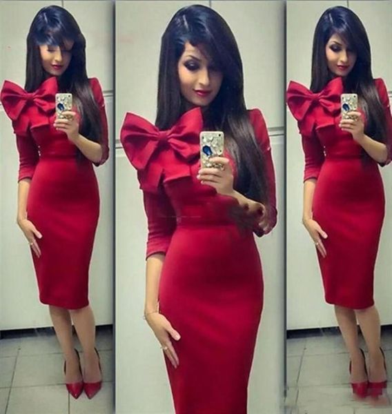 dark red sheath evening dresses with bow on shoulder arabic zipper back 34 long sleeve prom party dresses tea length cocktail gow4190603, Black;red
dark red sheath evening dresses with bow on shoulder arabic zipper back 34 long sleeve prom party dresses tea length cocktail gow4190603, Black;red
