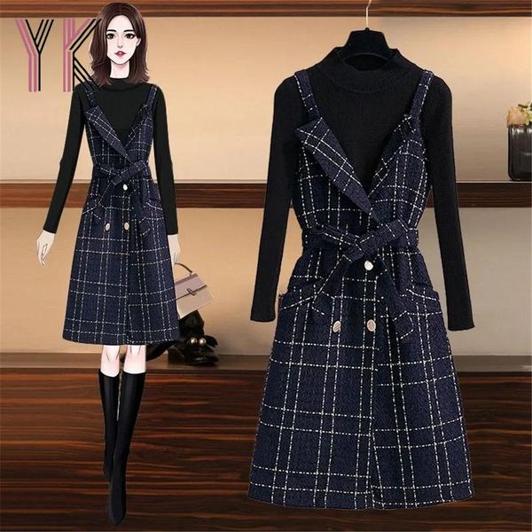 dress 2 piece suit belt plaid wool blend pockets strap dress + solid color knitted sweater women elegant spring autumn korean new sets, White
dress 2 piece suit belt plaid wool blend pockets strap dress + solid color knitted sweater women elegant spring autumn korean new sets, White
