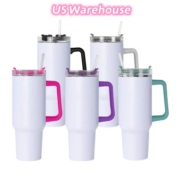 Image of US WAREHOUSE 40oz Sublimation Tumblers with Colored Handle Stainless Steel Water Bottle Portable Outdoor Sports Cup Insulation Travel Vacuum Flask Bottles Z11