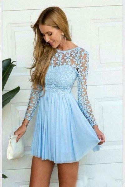 2019 light sky blue long sleeves cocktail dresses applique lace chiffon short prom homecoming gowns holiday party wear 923120, Black
2019 light sky blue long sleeves cocktail dresses applique lace chiffon short prom homecoming gowns holiday party wear 923120, Black