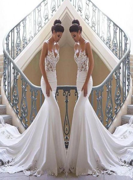 2019 new spaghetti straps lace mermaid beach wedding dresses satin lace applique sweep train boho wedding bridal gowns robes de ma2809929, White
2019 new spaghetti straps lace mermaid beach wedding dresses satin lace applique sweep train boho wedding bridal gowns robes de ma2809929, White