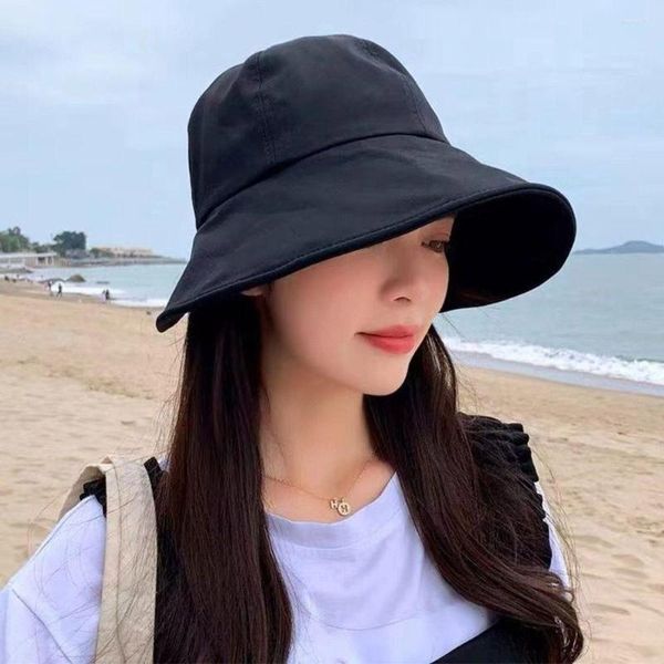 Image of Cycling Caps Women&#39;s Summer Soft Cotton Ponytail Bucket Hat Outdoor Beach Adjustable Sun Visor Hats Solid Color Foldable Panama