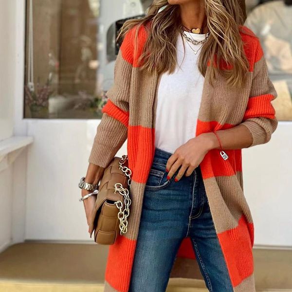 sweaters elegant striped print long sleeve cardigan autumn winter casual knitted loose sweater new women fashion office midi coats, White;black
sweaters elegant striped print long sleeve cardigan autumn winter casual knitted loose sweater new women fashion office midi coats, White;black