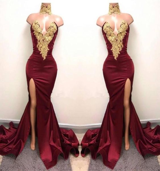 2019 burgundy high neck mermaid prom dresses gold lace appliques side split evening dresses party wear ba59987701803, Black
2019 burgundy high neck mermaid prom dresses gold lace appliques side split evening dresses party wear ba59987701803, Black