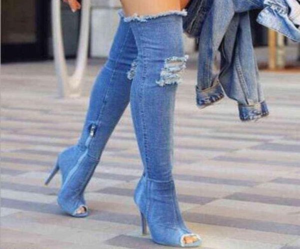 women boots denim over the knee boots women high heels women shoes peep toe tassel jean boot ladies shoes h11239035465, Black