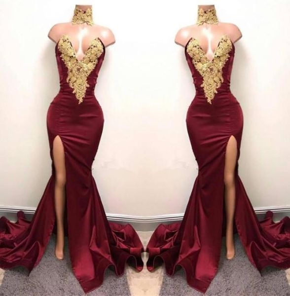 2019 burgundy high neck mermaid prom dresses gold lace appliques side split evening dresses party wear ba59984128210, Black
2019 burgundy high neck mermaid prom dresses gold lace appliques side split evening dresses party wear ba59984128210, Black