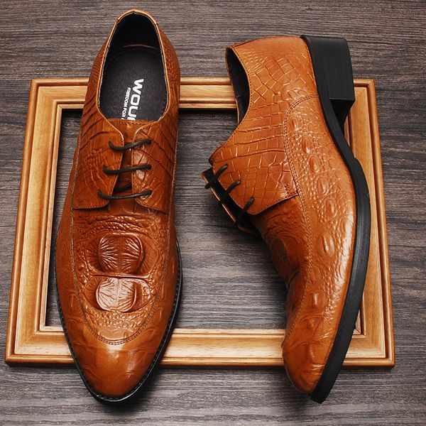 crocodile pattern mens dress shoes genuine leather mens luxury wedding oxford shoe black brown lace up formal brogue shoes men
