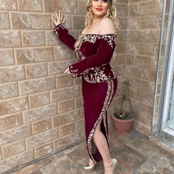 burgundy velvet evening dresses double slit long sleeves off shoulder lace embroidery ankle-length prom gown karakou algerian, Black
burgundy velvet evening dresses double slit long sleeves off shoulder lace embroidery ankle-length prom gown karakou algerian, Black