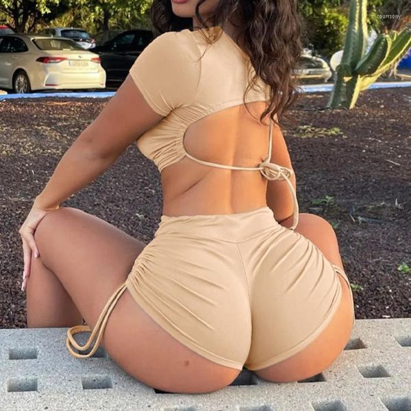women's shorts 2023 fashion spring round neck drawstring short sleeve open back with hip lift two piece set, White;black
women's shorts 2023 fashion spring round neck drawstring short sleeve open back with hip lift two piece set, White;black