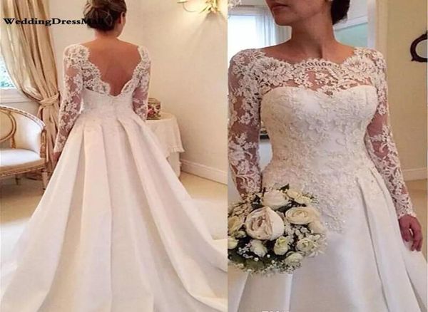2019 vintage wedding dresses a line sheer scallop neck long sleeves backless lace applique and satin bridal wedding gowns court tr7349952, White
2019 vintage wedding dresses a line sheer scallop neck long sleeves backless lace applique and satin bridal wedding gowns court tr7349952, White