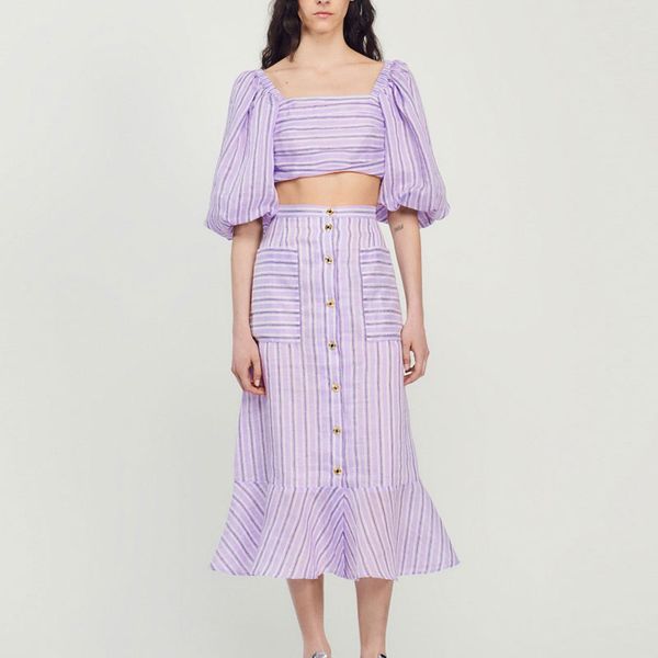 2023 designer two pieces set french square neck striped bubble sleeved short with purple high waisted a-line skirt, White
2023 designer two pieces set french square neck striped bubble sleeved short with purple high waisted a-line skirt, White
