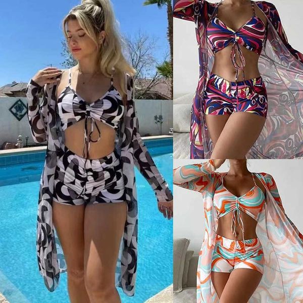 women's split swimsuit women's printed bikini high waist bikini, White;black