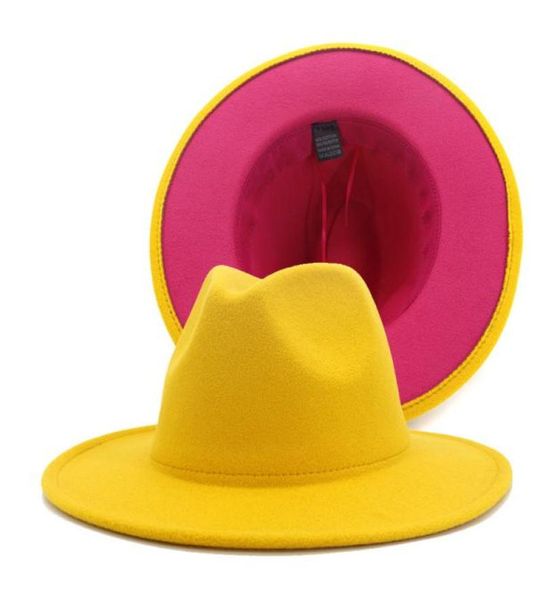 outer yellow inner pink patchwork jazz felt hat women men wide brim panama fedora hats with felt band trilby cap7296212, Blue;gray
outer yellow inner pink patchwork jazz felt hat women men wide brim panama fedora hats with felt band trilby cap7296212, Blue;gray