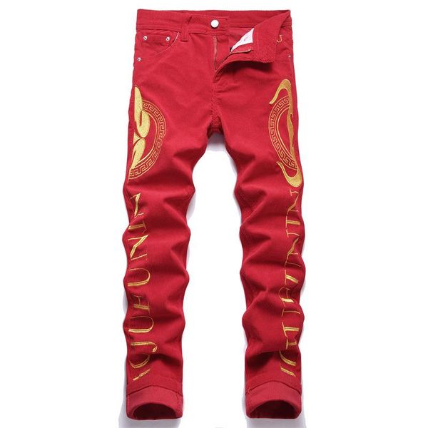 pants 2022 new punk style men's casual corduroy jeans red letter embroidery stylish midwaist stretch pants, Black
pants 2022 new punk style men's casual corduroy jeans red letter embroidery stylish midwaist stretch pants, Black