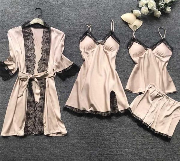 women 4piece nightwear strap lace sleep lounge pajamas with chest pads women pajamas sets satin sleepwear silk home wear6065468, White;black
women 4piece nightwear strap lace sleep lounge pajamas with chest pads women pajamas sets satin sleepwear silk home wear6065468, White;black