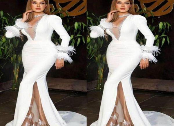 chic 2020 arabic white mermaid prom dresses with feather long sleeve high side split formal evening gowns custom made plus size pa7861135, Black;red
chic 2020 arabic white mermaid prom dresses with feather long sleeve high side split formal evening gowns custom made plus size pa7861135, Black;red