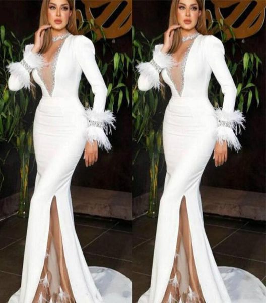 chic 2020 arabic white mermaid prom dresses with feather long sleeve high side split formal evening gowns custom made plus size pa8670890, Black;red
chic 2020 arabic white mermaid prom dresses with feather long sleeve high side split formal evening gowns custom made plus size pa8670890, Black;red