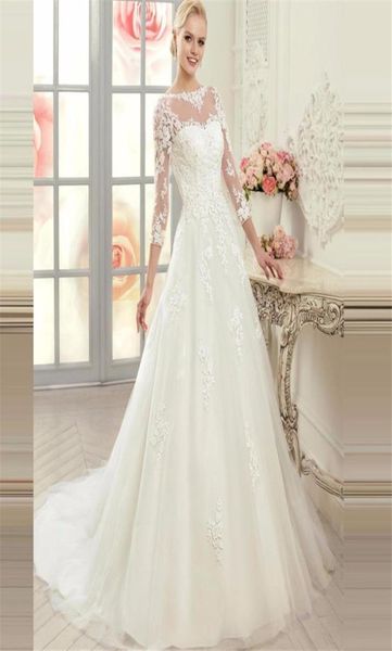 three quarter sleeve lace applique wedding dresses see through aline buttons back bridal dress robe de soiree longue8601026, White
three quarter sleeve lace applique wedding dresses see through aline buttons back bridal dress robe de soiree longue8601026, White