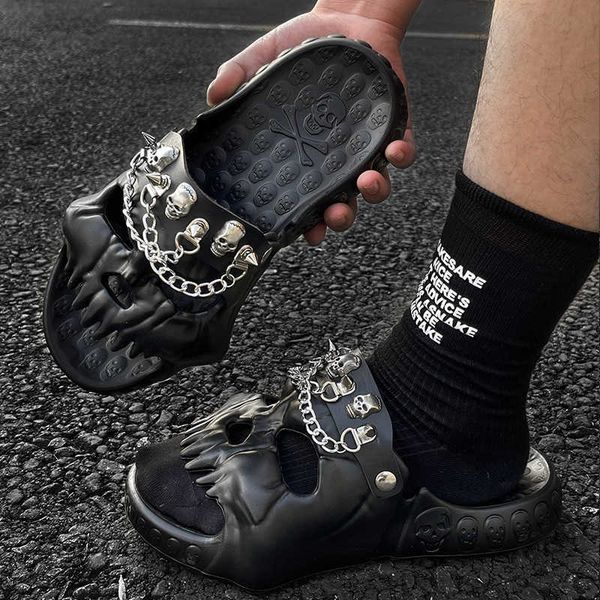 men slippers new personalized studied chain decoration skull design summer outdoor novelty slide thick sole platform sandal 0605, Black
men slippers new personalized studied chain decoration skull design summer outdoor novelty slide thick sole platform sandal 0605, Black