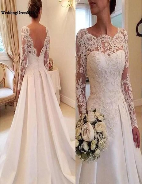 2019 vintage wedding dresses a line sheer scallop neck long sleeves backless lace applique and satin bridal wedding gowns court tr2914286, White
2019 vintage wedding dresses a line sheer scallop neck long sleeves backless lace applique and satin bridal wedding gowns court tr2914286, White