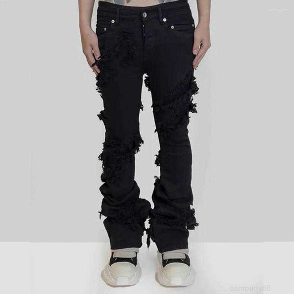 men's jeans fashion flared ripped distressed streetwear black denim pants long ribbons trend man, Blue
men's jeans fashion flared ripped distressed streetwear black denim pants long ribbons trend man, Blue
