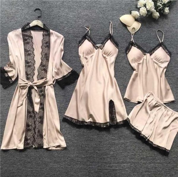 women 4piece nightwear strap lace sleep lounge pajamas with chest pads women pajamas sets satin sleepwear silk home wear9909823, White;black
women 4piece nightwear strap lace sleep lounge pajamas with chest pads women pajamas sets satin sleepwear silk home wear9909823, White;black