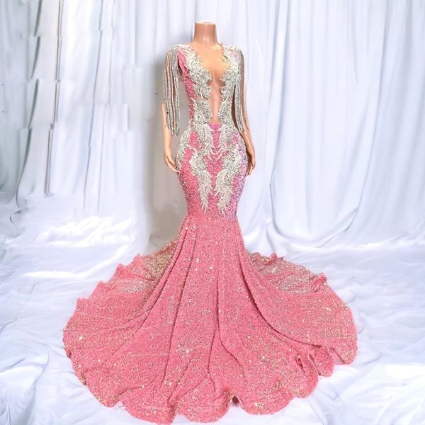 sparking pink mermaid prom dresses beaded crystal birthday evening party gown tassel sweep train womens special occasion dress, Black
sparking pink mermaid prom dresses beaded crystal birthday evening party gown tassel sweep train womens special occasion dress, Black